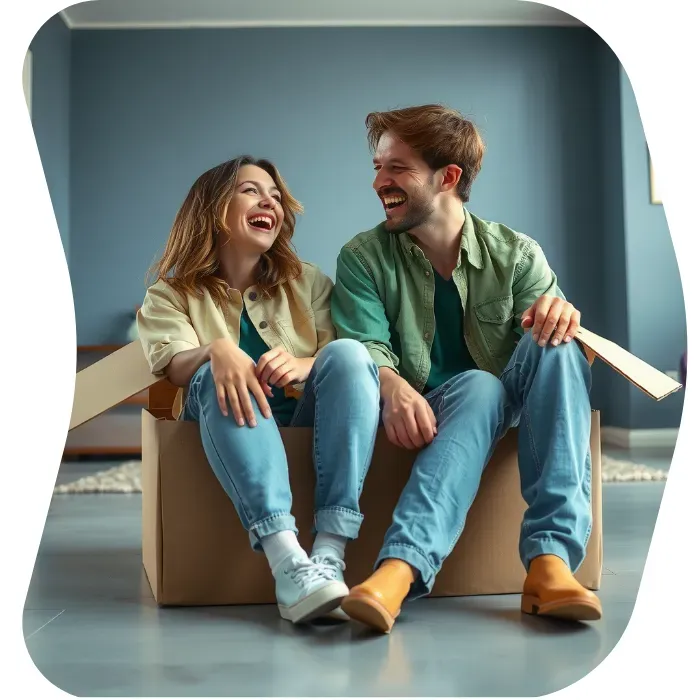 Two guys sitting on the floor of their apartment with Muval moving boxes